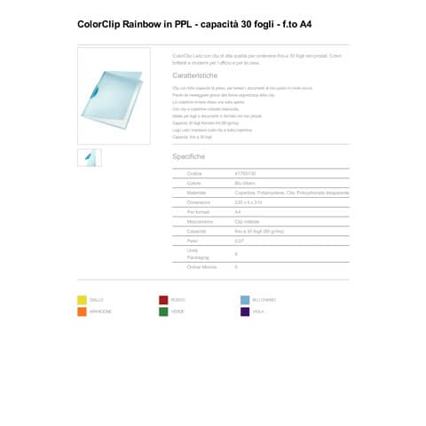 Cartelline di archiviazione con clip max 30 fogli Leitz COLOR CLIP Rainbow in PPL A4 azzurro - 41760130
